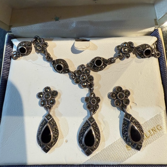 VTG ‎ Black Onyx Marquesite Art Deco Sterling Silver Necklace & Earring Set 925